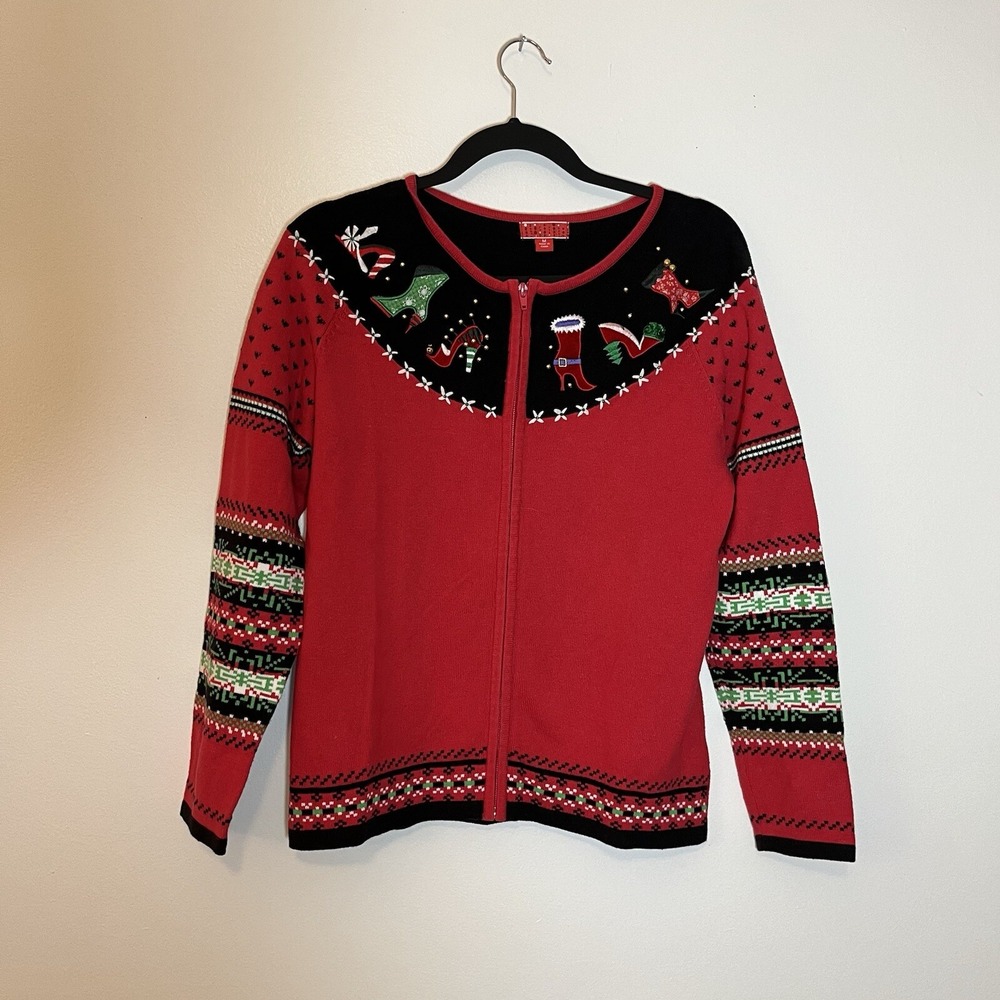 Target Vintage Zip Up Red Ugly Christmas Shoes Bells Cardigan Sweater Size M